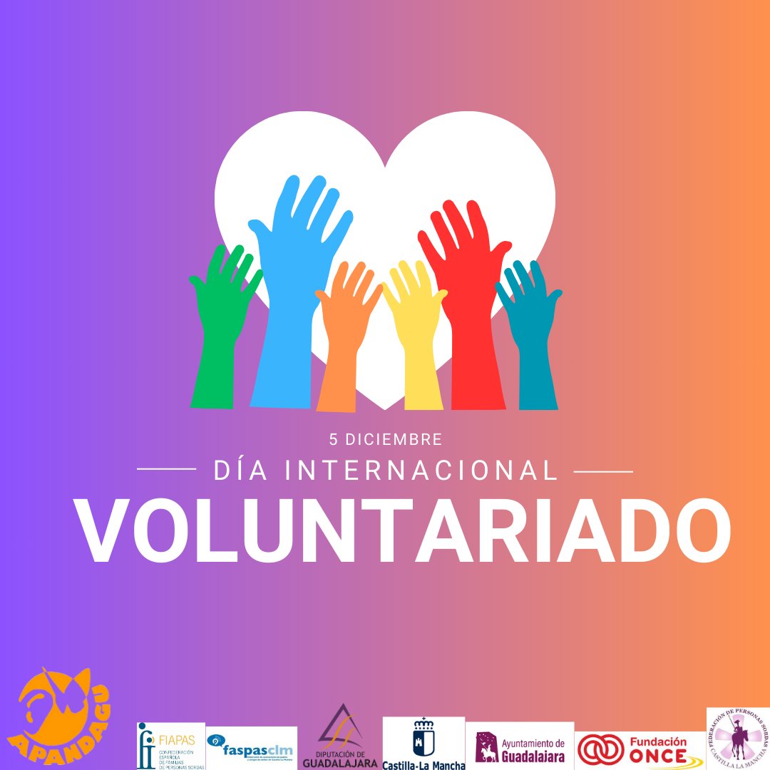 El día 5 de diciembre se celebra el Día Internacional del Voluntariado.
#discapacidadauditiva #voluntariado #inclusion 
<a href="/FIAPAS/">FIAPAS</a> <a href="/JCCMGuadalajara/">JCCM Guadalajara</a> <a href="/dipuguadalajara/">Diputación de Guadalajara</a> <a href="/GuadalajaraAyto/">Ayuntamiento de Guadalajara</a> <a href="/Fundacion_ONCE/">Fundación ONCE</a> <a href="/FESORMANCHA/">FESORMANCHA</a>