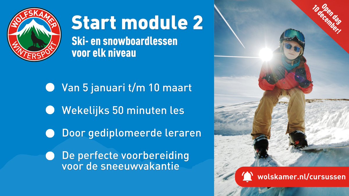 Wil je dadelijk ook goed voorbereid naar de sneeuw?
Dan is onze Module 2 cursus voor skiërs en snowboarders echt iets voor jou! 8 weken les op elk niveau voor skiërs en snowboarders.

Eerst even uitproberen? Kom dan naar de open dag op 10 december!

wolfskamer.nl