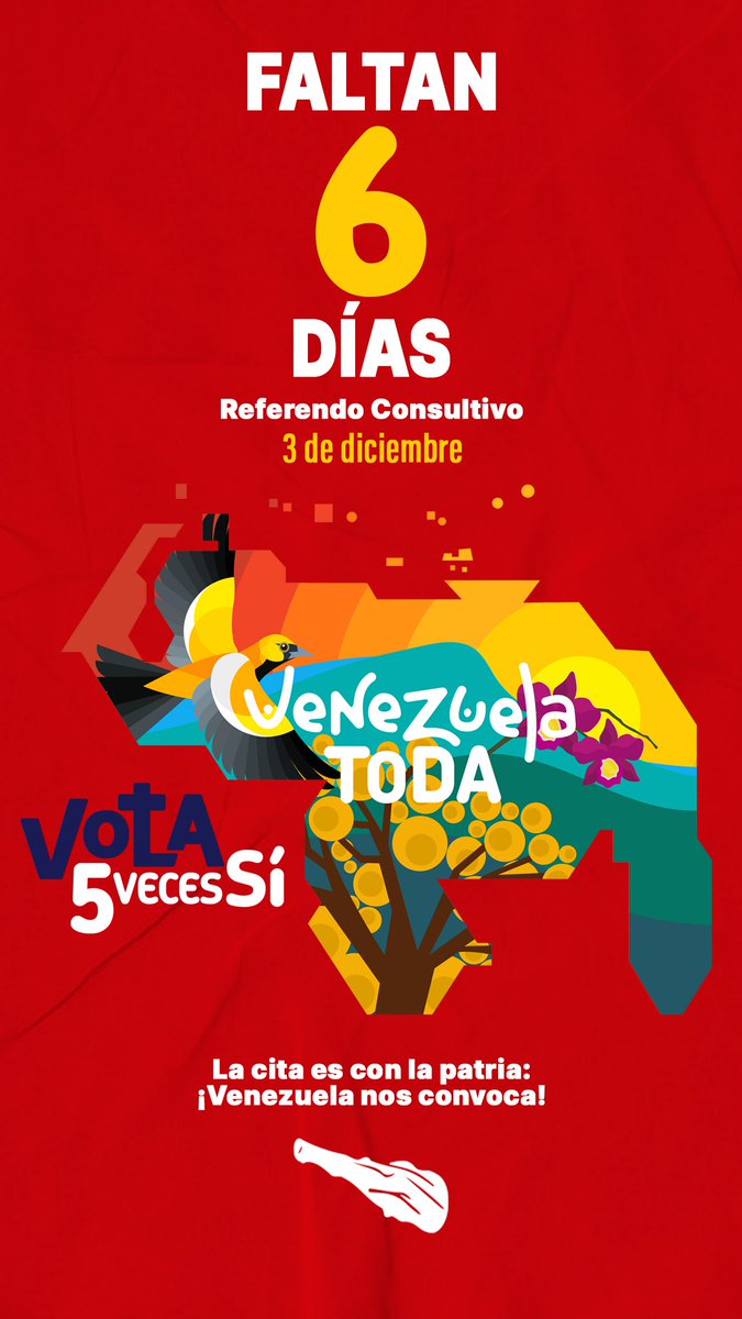 Faltan 6 días para que todos unidos digamos 5 veces sí por la defensa de nuestro Esequibo   

#SerVenezolanoEsSerEsequibo #VenezuelaToda5VecesSí