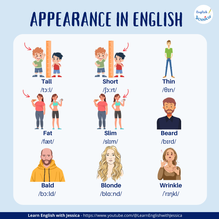 LEwithJessia's tweet photo. Let's learn vocabulary related to Appearance!
#english #grammar #LearnEnglish #learnenglishstory #englishspeakingcourse #jessicaenglish #englishrosie   #vocabulary #Englishgrammar #englishpronuciation https://t.co/M4mkc5bc5D