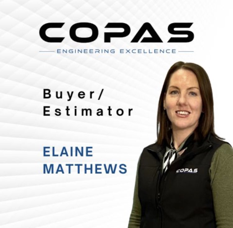 CopasExcellence's tweet photo. Delighted to welcome Elaine Matthews -Buyer / Estimator to our Copas Commercial Team #copas #engineeringexcellence #cncmachining #sc21silver #aerospacemanufacturing #aircraftinteriors #supplychain #precisionengineering https://t.co/An3OOTjODG