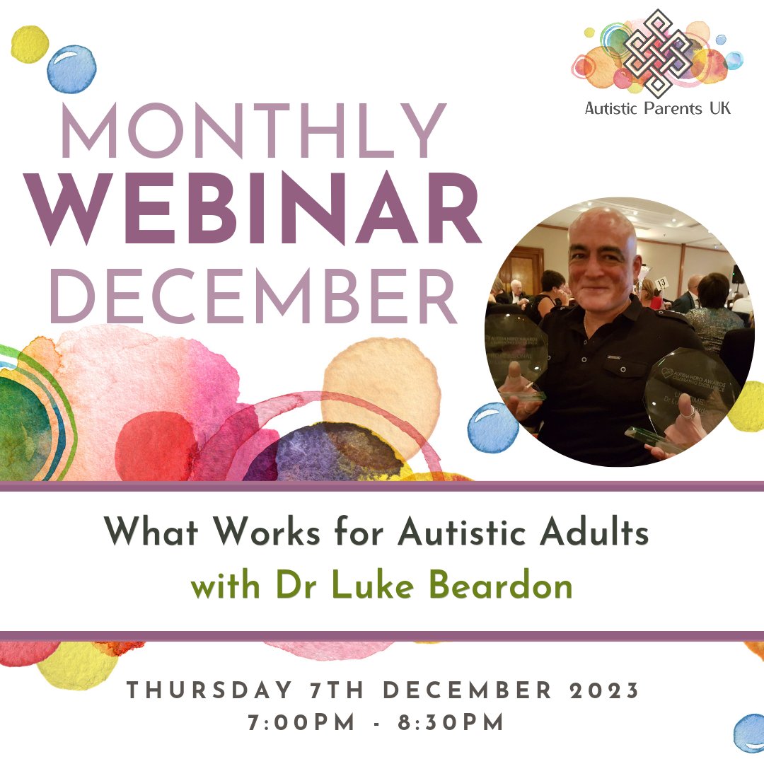 ParentsAutistic's tweet photo. We are so excited to welcome the fantastic Dr Luke Beardon  back for our December webinar on Thursday 7th December at 7pm. The webinar is about What Works for Autistic Adults. @SheffieldLuke's new book of the same title will be released on the same date.
https://t.co/wsV0zwaI6W https://t.co/kSwRiRnhQ7