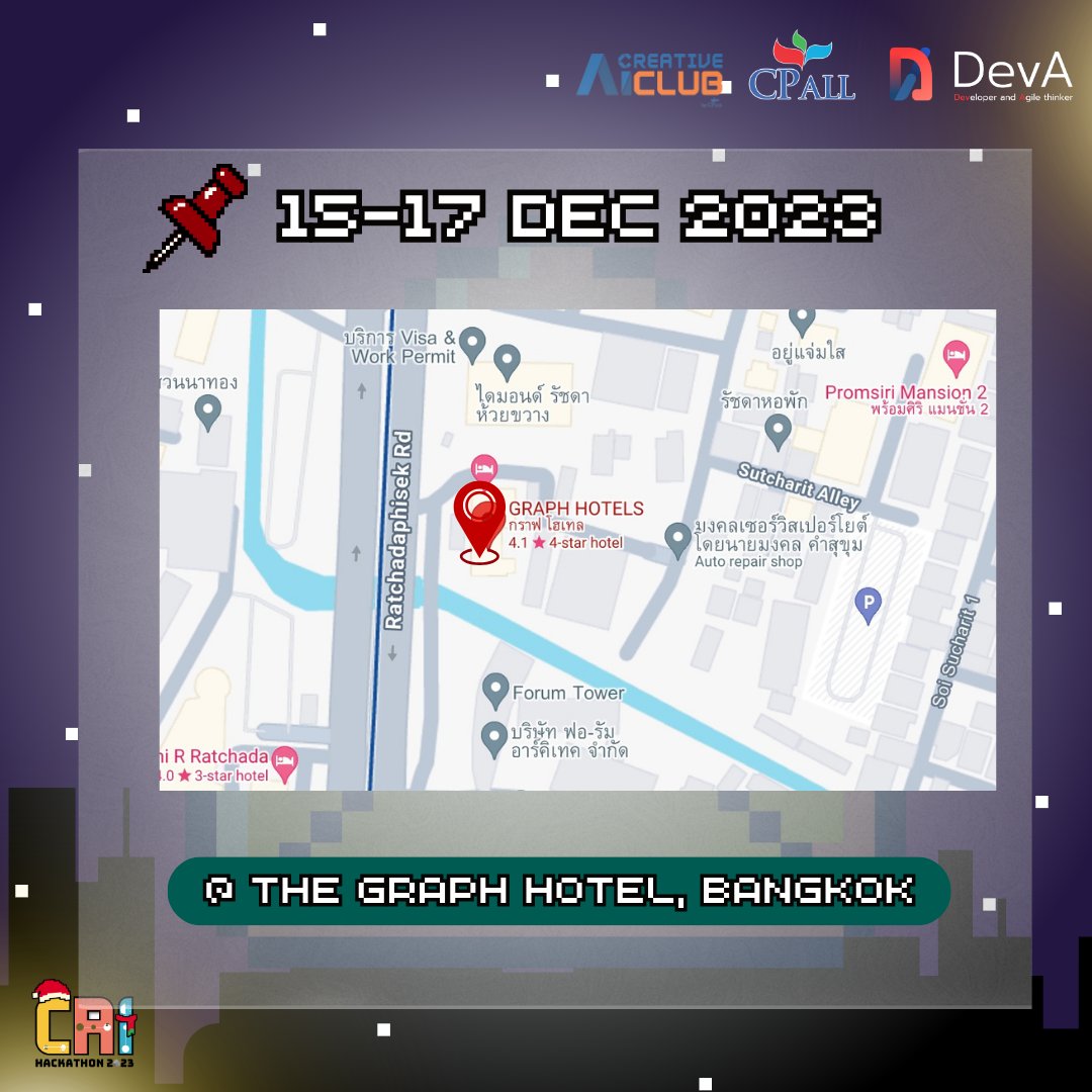 caibycpall's tweet photo. 📣 วันนี้ #CAIClubHackathon มีเรื่องมาประกาศ เรื่องรางวัลและสถานที่จัดงาน #CAIClubHackathon2023

🏨 ในปีนี้งาน CAI Club Hackathon 2023 จัดขึ้นที่ “GRAPH HOTELS” อยู่ใกล้ รถไฟฟ้าใ��้ดินสถานีห้วยขวาง ในวันที่ 15 - 17 ธันวาคมนี้

สามารถสมัครได้ที่:
👉https://t.co/ZLmdoAHPXW

#CAIClub https://t.co/kBx5d1UUKe