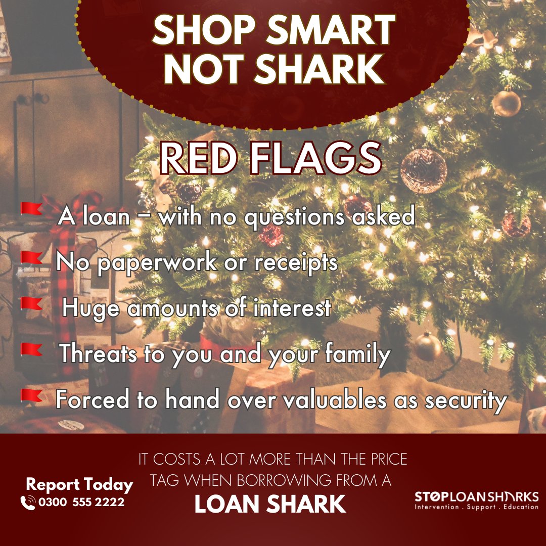 SLSEngland's tweet photo. The lead up to Christmas can be a very expensive time and knowing where to go to get the right help can be tricky too. We want you to know the red flags of loan sharks, so you can protect yourself. If you recognise any of these signs there are people to help, we are here to provide help and support for anyone involved with a loan shark. Visit https://t.co/hprSoX1tqn #ShopSmartNotShark #SLSEnglan