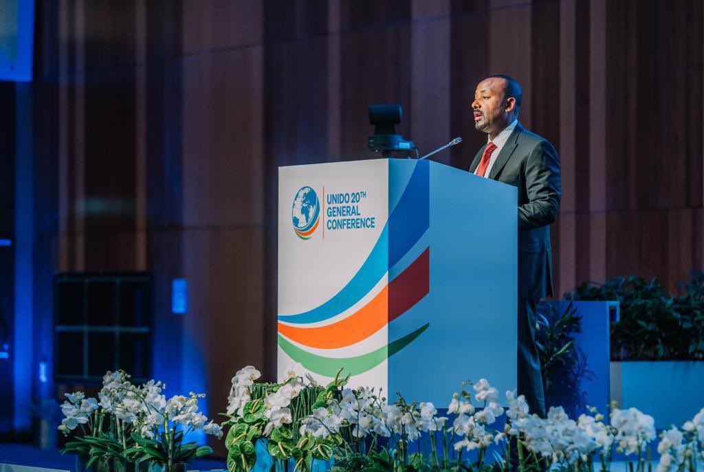 PMEthiopia's tweet photo. In his keynote remarks as guest of honor during UNIDO’s 20th General Conference, PM Abiy Ahmed called for inclusive &amp; sustainable industrialisation, sharing Ethiopia’s journey in the past five years of making policy shifts, investing in multi-sector growth sources. 

#PMOEthiopia https://t.co/2TgNclegxQ