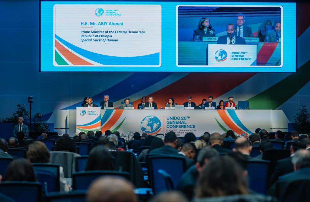 PMEthiopia's tweet photo. In his keynote remarks as guest of honor during UNIDO’s 20th General Conference, PM Abiy Ahmed called for inclusive &amp; sustainable industrialisation, sharing Ethiopia’s journey in the past five years of making policy shifts, investing in multi-sector growth sources. 

#PMOEthiopia https://t.co/2TgNclegxQ
