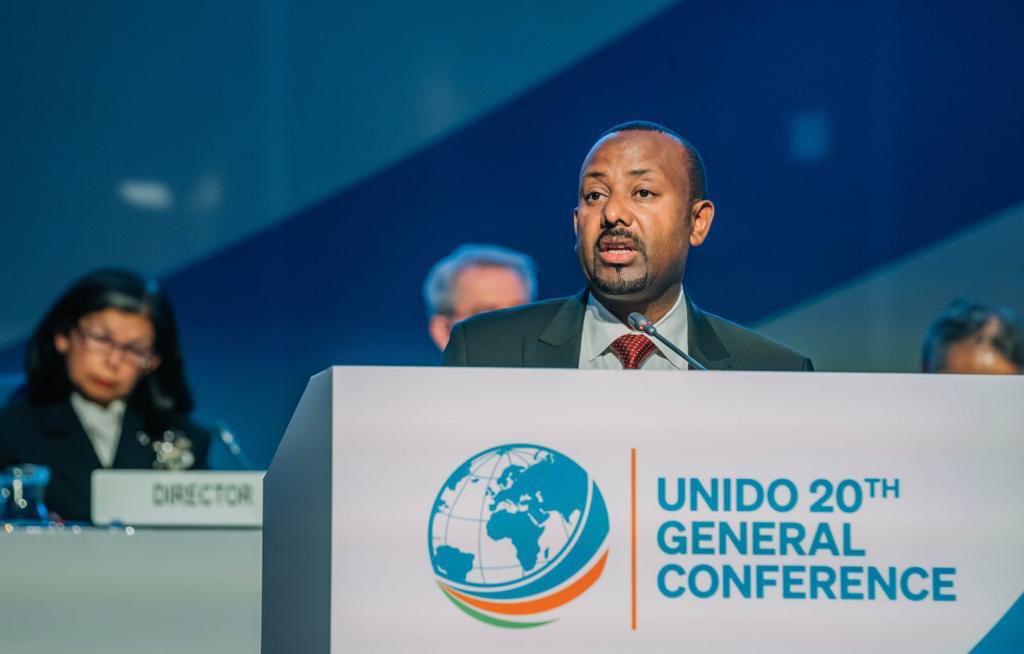 PMEthiopia's tweet photo. In his keynote remarks as guest of honor during UNIDO’s 20th General Conference, PM Abiy Ahmed called for inclusive &amp; sustainable industrialisation, sharing Ethiopia’s journey in the past five years of making policy shifts, investing in multi-sector growth sources. 

#PMOEthiopia https://t.co/2TgNclegxQ