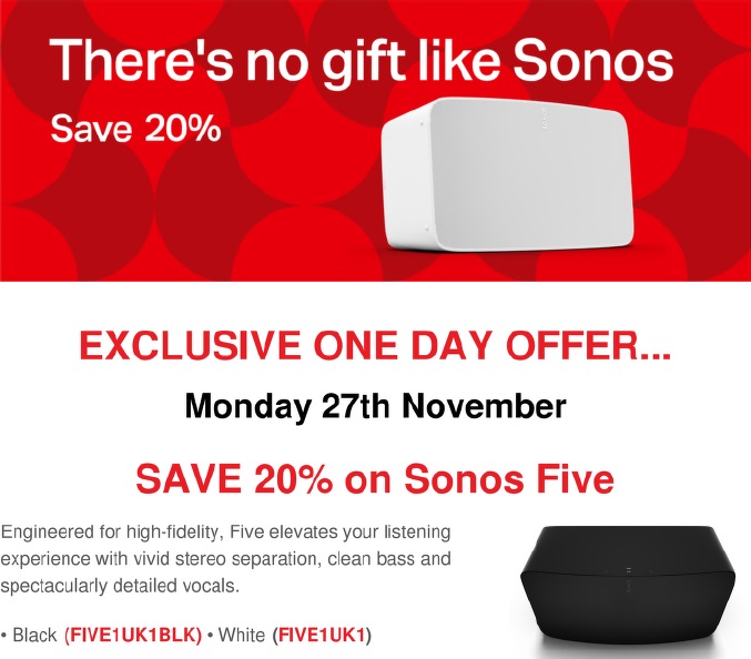 One day #cybermonday <a href="/Sonos/">Sonos</a> deal. 20% off the Sonos Five. Order yours now.

Last day on Sonos #blackfriday deals on home theatre sets and portables.

alltrade.co.uk/shop/index?sea…