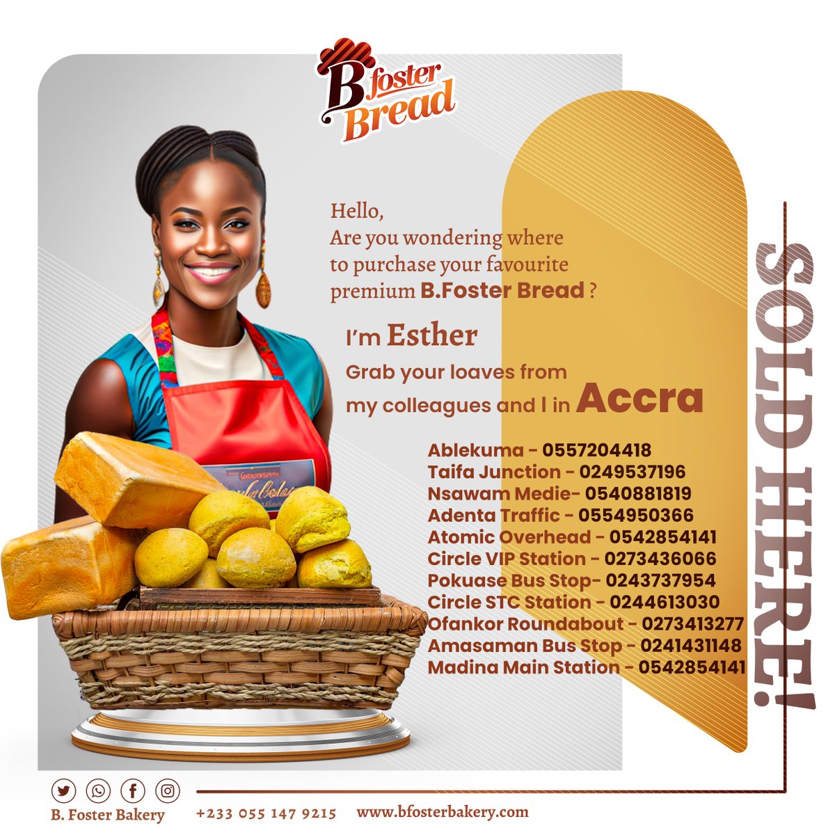 BFoster_bakery's tweet photo. @Fiifi_nakai Aww sorry for the late reply.
Our loaves are available at these places in Accra, please check the flyer attached.
Kindly contact our marketing team with any concerns on sales and purchasing 055 147 9215 
Thank you. https://t.co/dMczK4U7aw