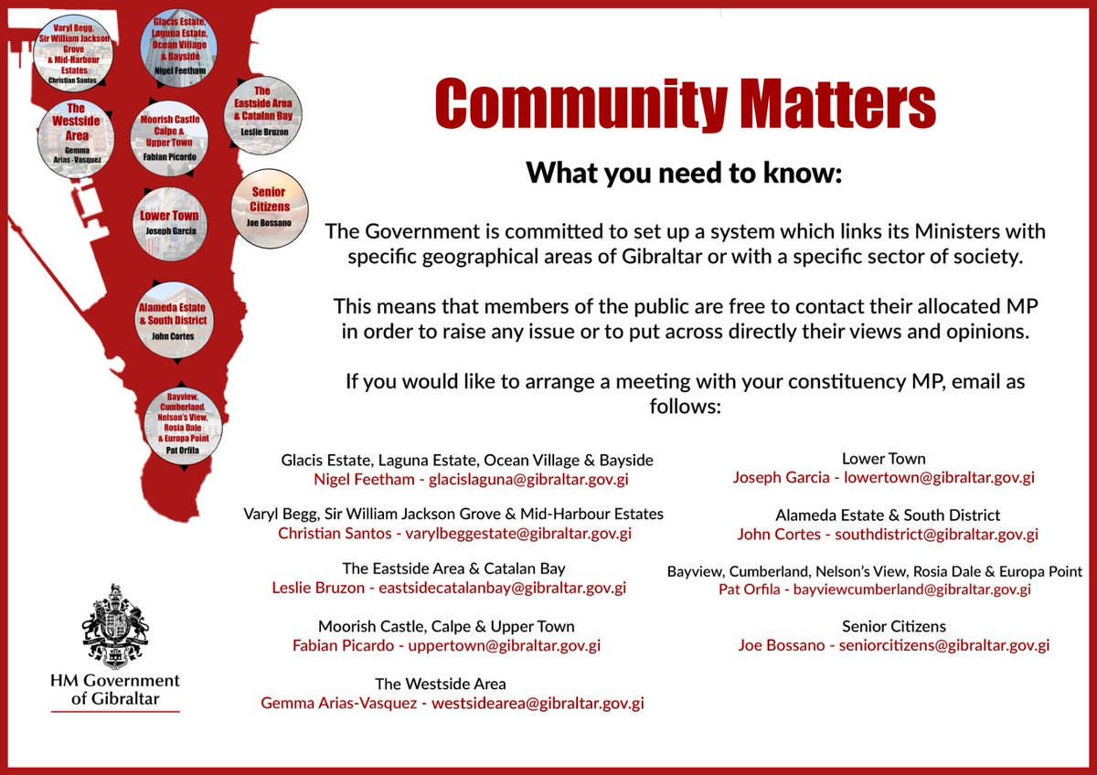 Community Matters: Constituency MP email addresses HM Government of Gibraltar introduced a new initiative following the general election to have constituency MPs. Full PR - bit.ly/3sUaAAg