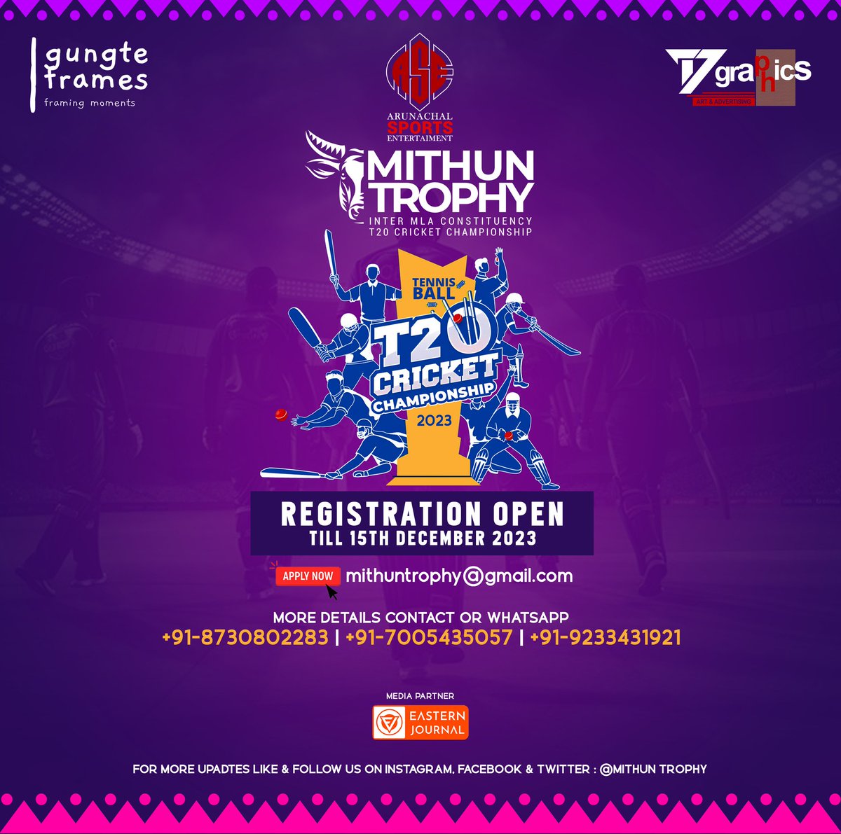MithunTrophy's tweet photo. Registration Open till 15th December 2023

Organized by #Arunachal_Sports_Entertaiment 

#MithunTrophy #CricketChampionship #TeamEntryRegulations #GameOn https://t.co/TF41NDNhnM