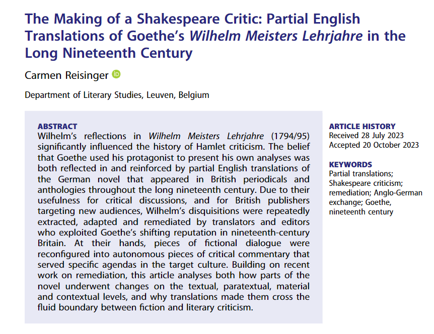 Happy to announce that my article was published with
<a href="/ES_Routledge/">English Studies</a>
! It tells the story of how Goethe's fictional parody of literary criticism was read and translated as serious criticism for more than 100 years: tandfonline.com/eprint/HYWPUDB…