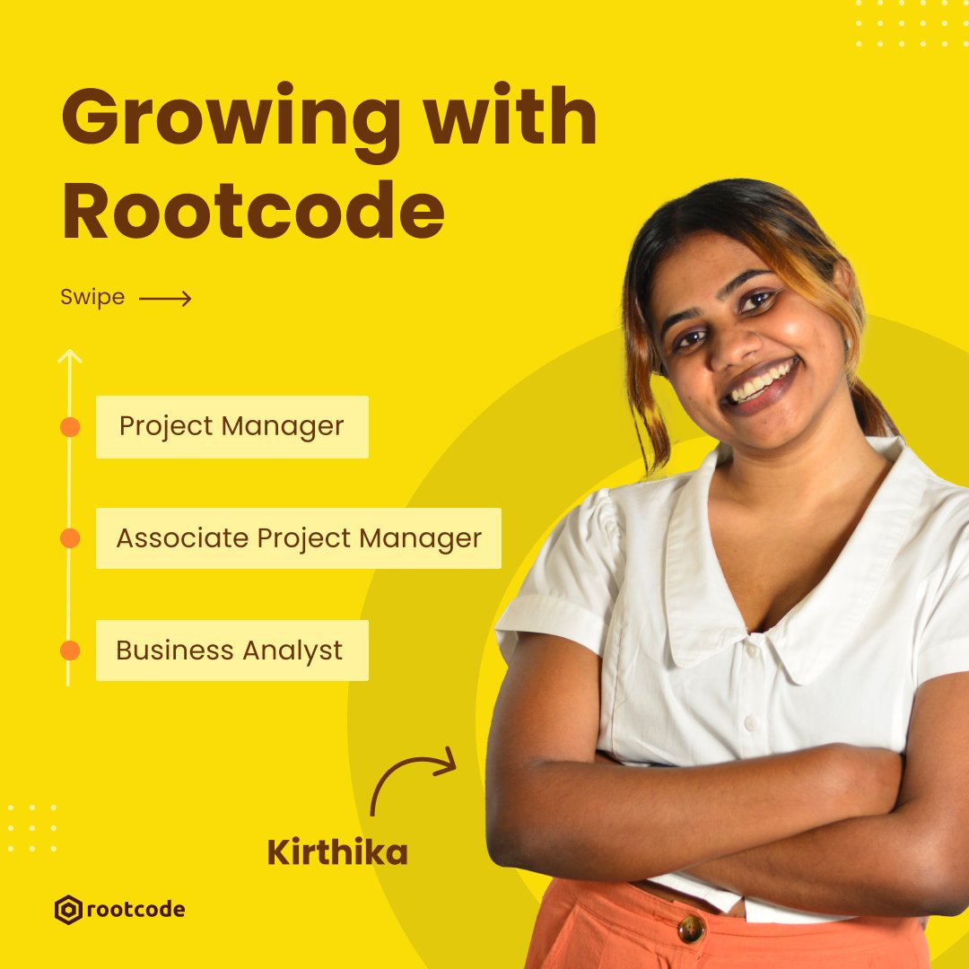 rootcode_io's tweet photo. Meet Kirthika, from our Project Management team! This is her journey as a #rootcoder and how she progressed from being a Business Analyst to Project Manager in two years. Swipe to check out what she has to say about her #career at Rootcode.
#growth #tech #rootcode https://t.co/Ozw68FSMFs
