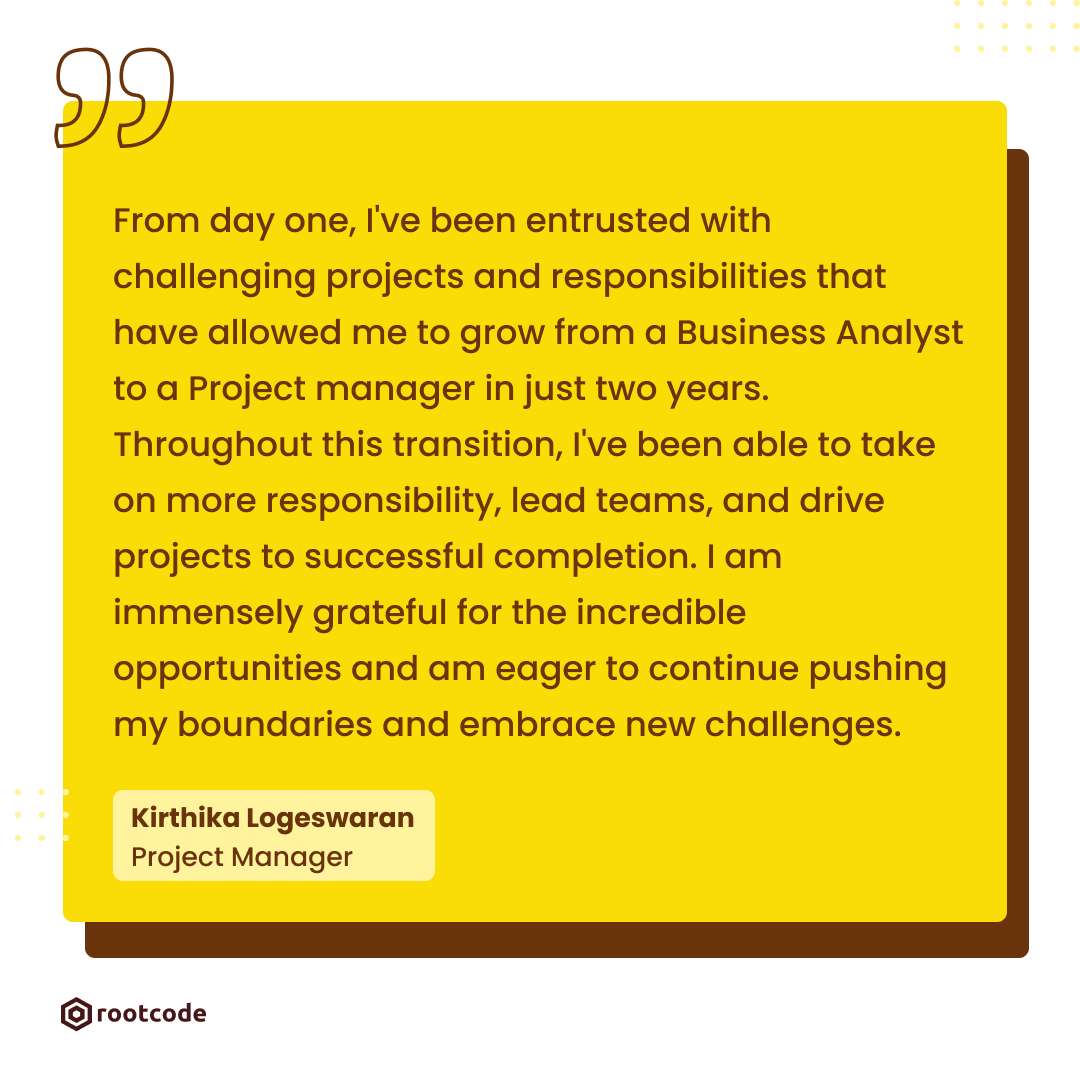 rootcode_io's tweet photo. Meet Kirthika, from our Project Management team! This is her journey as a #rootcoder and how she progressed from being a Business Analyst to Project Manager in two years. Swipe to check out what she has to say about her #career at Rootcode.
#growth #tech #rootcode https://t.co/Ozw68FSMFs