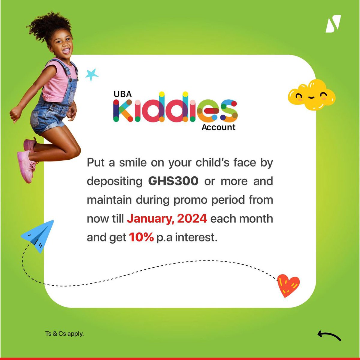 UBAGhanaLtd's tweet photo. Get a whopping 10% interest p.a as you secure the future of your kids
#UBASavingsPromo #AfricasGlobalBank https://t.co/AJvXjF8Y13