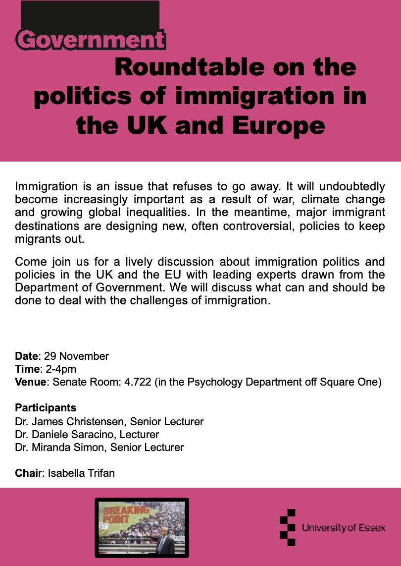 Government @ Essex (@uniessexgovt) on Twitter photo 🚨📢 Join us on Wednesday (29 November) at 2pm for this timely roundtable on the politics of immigration in the UK and Europe! We have a great group of participants: @dan_saracino, <a href="/mirandasimon25/">Miranda Simon</a>, James Christensen, and Isabella Trifan 🚨📢 Join us on Wednesday (29 November) at 2pm for this timely roundtable on the politics of immigration in the UK and Europe! We have a great group of participants: @dan_saracino, <a href="/mirandasimon25/">Miranda Simon</a>, James Christensen, and Isabella Trifan