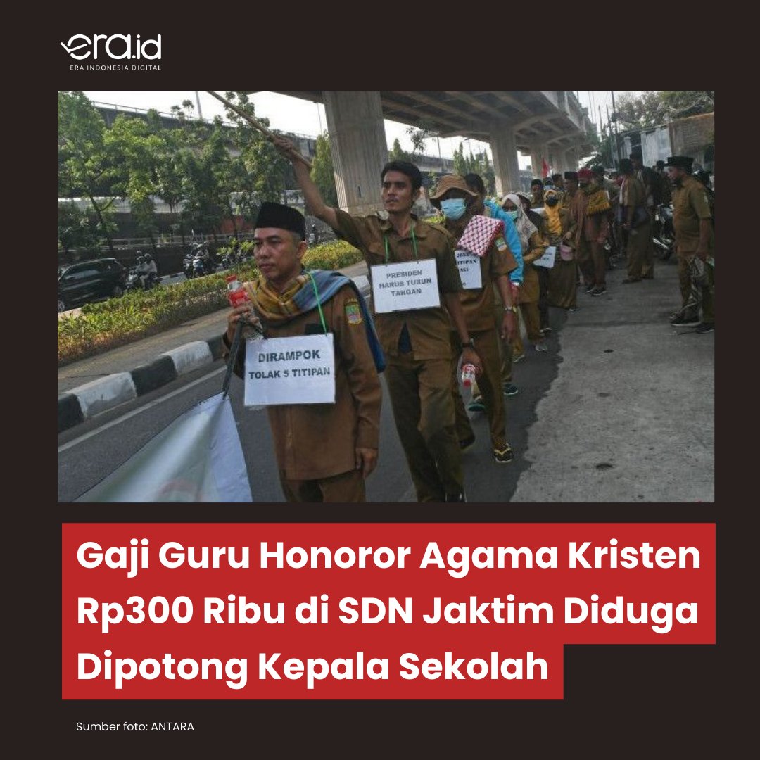 eradotid's tweet photo. [NEWS EXPLAINED]

Guru agama Kristen honorer di SDN Malaka Jaya 10, Jakarta Timur, yang digaji Rp300 ribu diduga dipotong gajinya oleh kepala sekolah. Gajinya seharusnya Rp9 juta.

Berdasarkan aduan, para guru hanya dibayar Rp300 ribu - Rp2,5 juta. https://t.co/JZnaESo5Vk