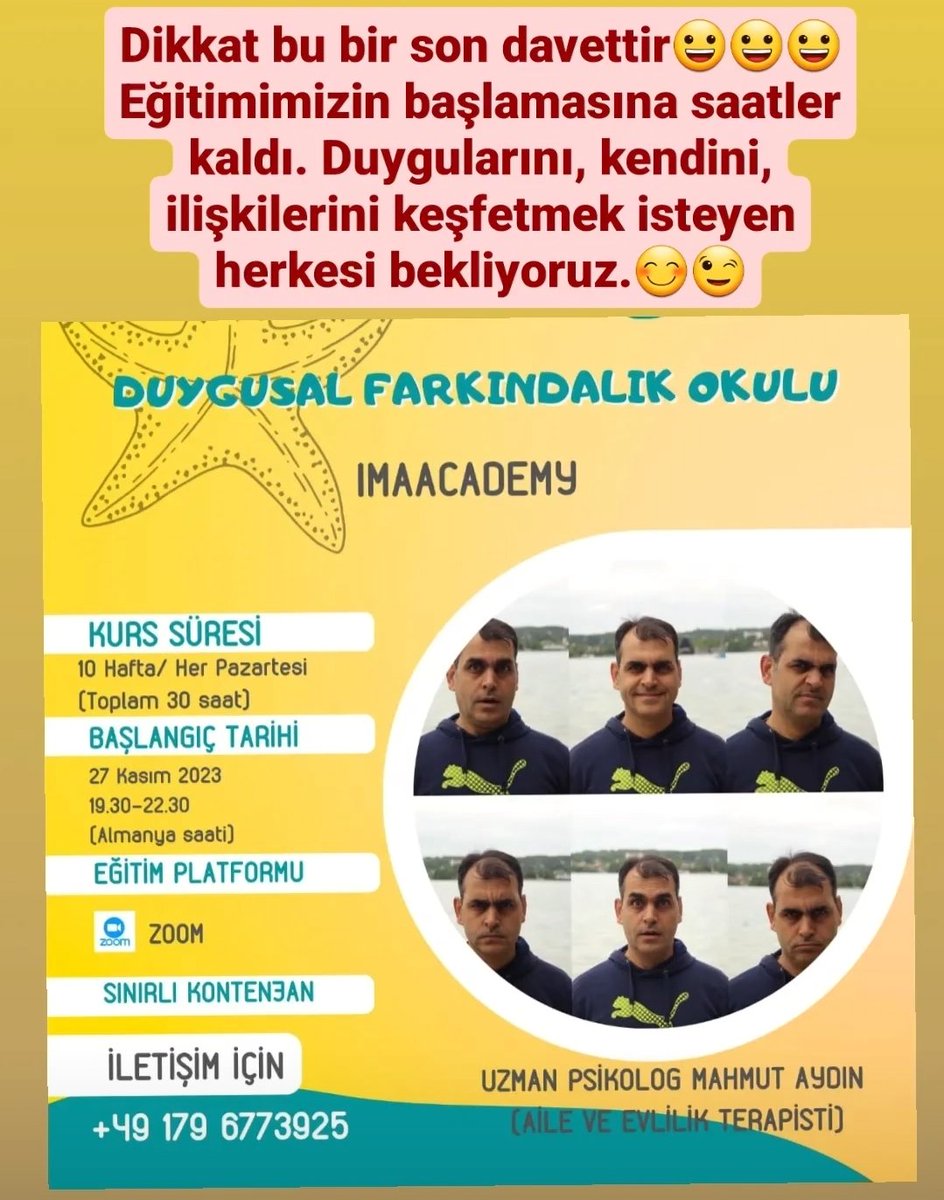 Bugün harika bir ekiple harika bir eğitime start veriyoruz. Kendini, duygularını, yaşantını, ilişkilerini varsa eşini ve çocuklarını daha iyi anlamak ve daha huzurlu bir yaşama kapı aralamak istersen bize katıl. Bekliyoruz😊😉 

Bilgi ve kayıt👇👇👇

#duygular
#farkındalık