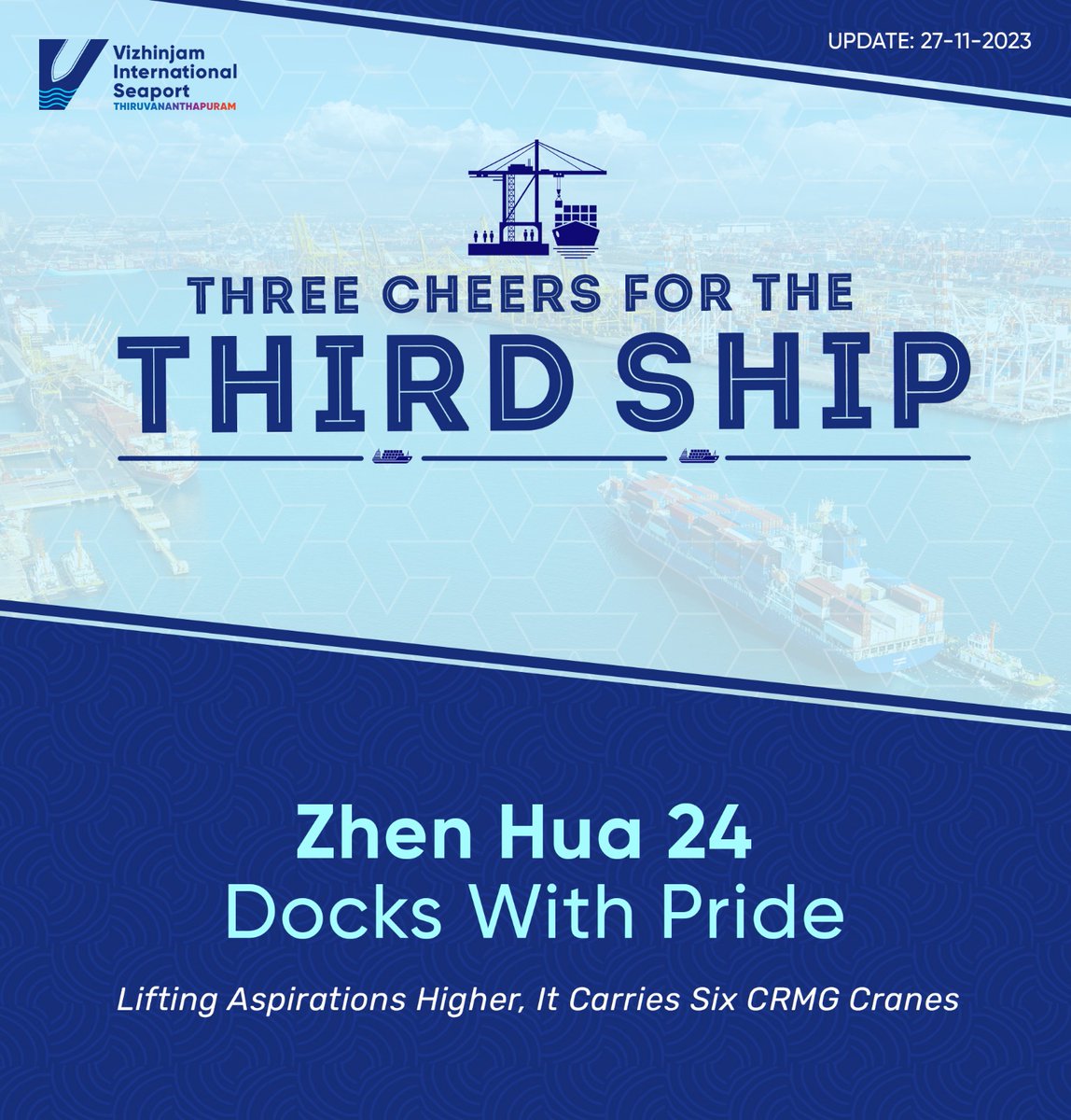 #ZhenHua24,  3rd ship to grace  #VizhinjamInternationalSeaportThiruvananthapuram, carries 6 cantilever rail-mounted gantry (CRMG) cranes or yard cranes which is poised to lift the port into a future of growth and prosperity 

It had started from Port of Nantong, China on Nov 10
