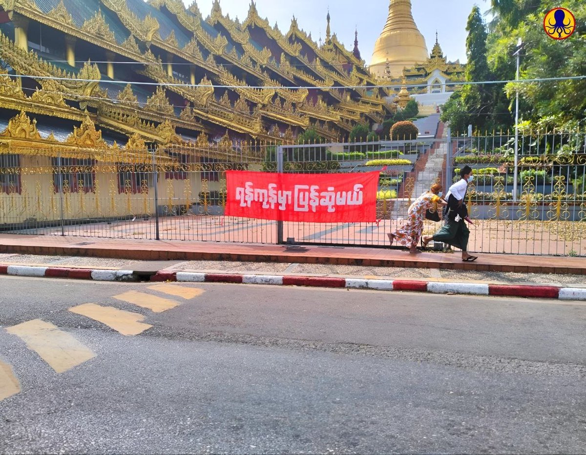 Myanmar_Now's tweet photo. ရွှေတိဂုံဘုရားခြေရင်းတွင် စာတန်းချိတ်ဆွဲကာဆန္ဒပြ
ရန်ကုန်မှလူငယ်များ စစ်ကောင်စီကို ဆက်တော်လှန်နေ
#ရေဘဝဲပြည်သူ့အကျိုးပြုလူငယ်အဖွဲ့အစည်း https://t.co/VYo1Wjghe7