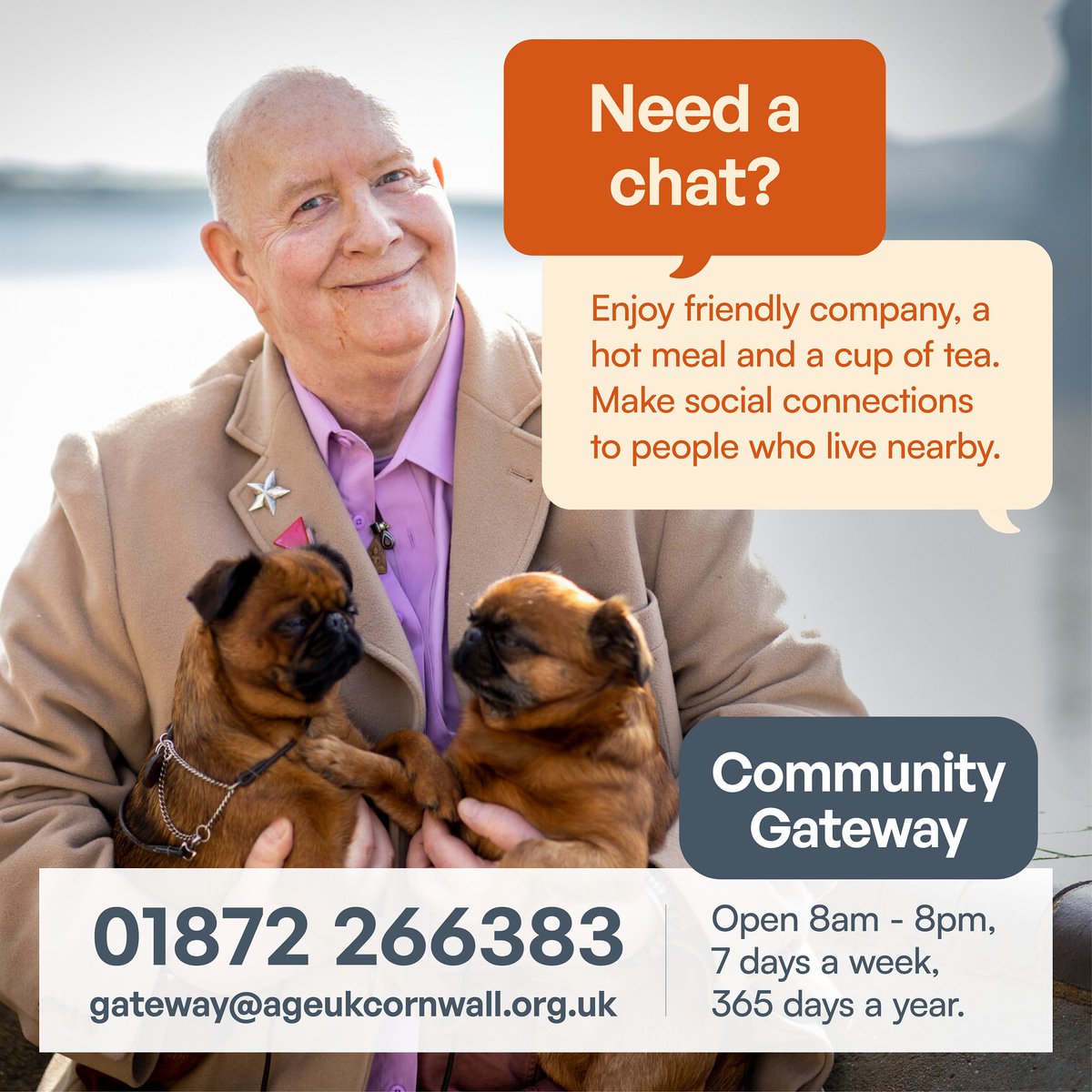 NHS Cornwall and Isles of Scilly (@ciosicb) on Twitter photo Do you need a chat? Your Community Gateway is a fantastic free service available 8am-8pm every day even Christmas day! Enjoy friendly company, a hot meal and a cup of tea.
Call the team on 01872 266383 or email gateway@ageukcornwall.org.uk Do you need a chat? Your Community Gateway is a fantastic free service available 8am-8pm every day even Christmas day! Enjoy friendly company, a hot meal and a cup of tea.
Call the team on 01872 266383 or email gateway@ageukcornwall.org.uk