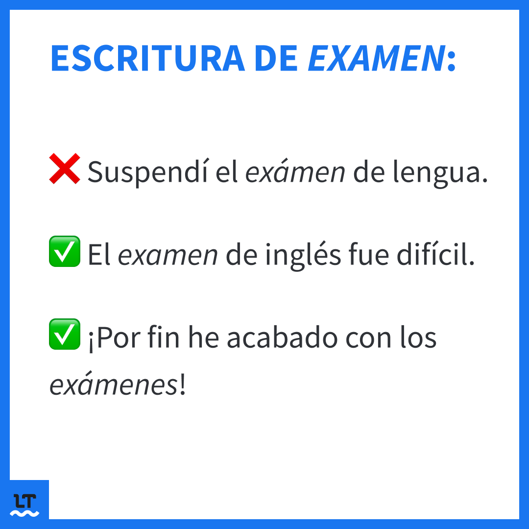 languagetool_es's tweet photo. 📝 ¿Eres también de los que duda sobre la escritura de la palabra “examen”?

✅ “Examen” se escribe sin tilde en singular porque es una palabra aguda que acaba en “n”. 
✅ El plural de “examen” se escribe exámenes con tilde porque es una palabra esdrújula y todas se acentúan. https://t.co/JEIPW20kuL