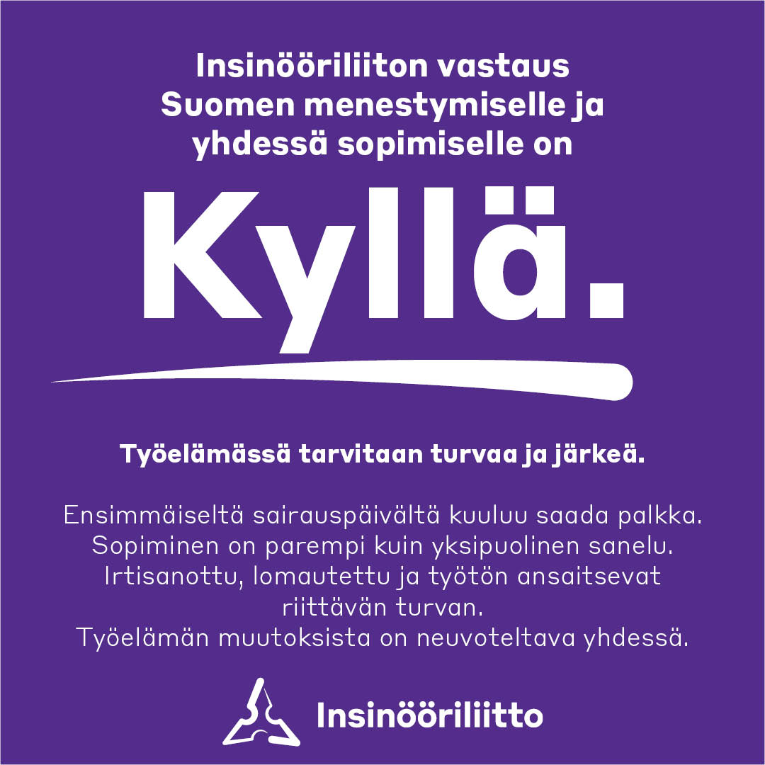 Työelämää ja työmarkkinoita uudistetaan neuvottelemalla. Kestävä talous ja yritysten menestys syntyy yhdessä.

Insinööriliiton vastaus Suomen menestymiselle ja yhdessä sopimiselle on kyllä. Työelämässä tarvitaan turvaa ja järkeä.

ilry.fi/ajankohtaista/…