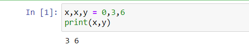 kodegurukul's tweet photo. Answer is 3,6

How:??

1. x, x, y: This is a tuple on the left side of the assignment.

2. 0, 3, 6: This is a tuple on the right side of the assignment.

➡️The first element of the tuple on the right (0) is assigned to the first variable on the left (x).

➡️The second element of the tuple on the right (3) is assigned to the second variable on the left (x). Note that this overwrites the previous value of x.

➡️The third element of the tuple on the right (6) is assigned to the third variable on the left (y).

So the output is: