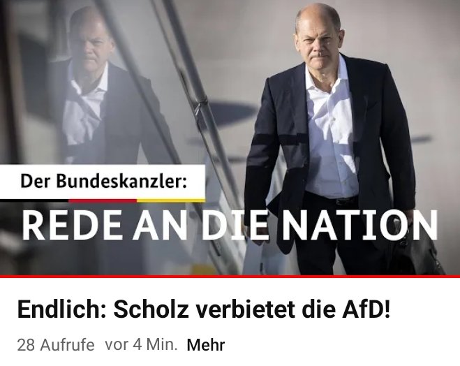 ++EIL++

Endlich! AfD VERBOT wird beantragt!

Hat #Scholz soeben verkündet⬇️
youtu.be/g1Gf2MMJr80?si…
Weitersagen! Teilen! 
#Taugenichtse #fckafd #OpAfD 
#Staatsanwältin #AfDsindFaschisten