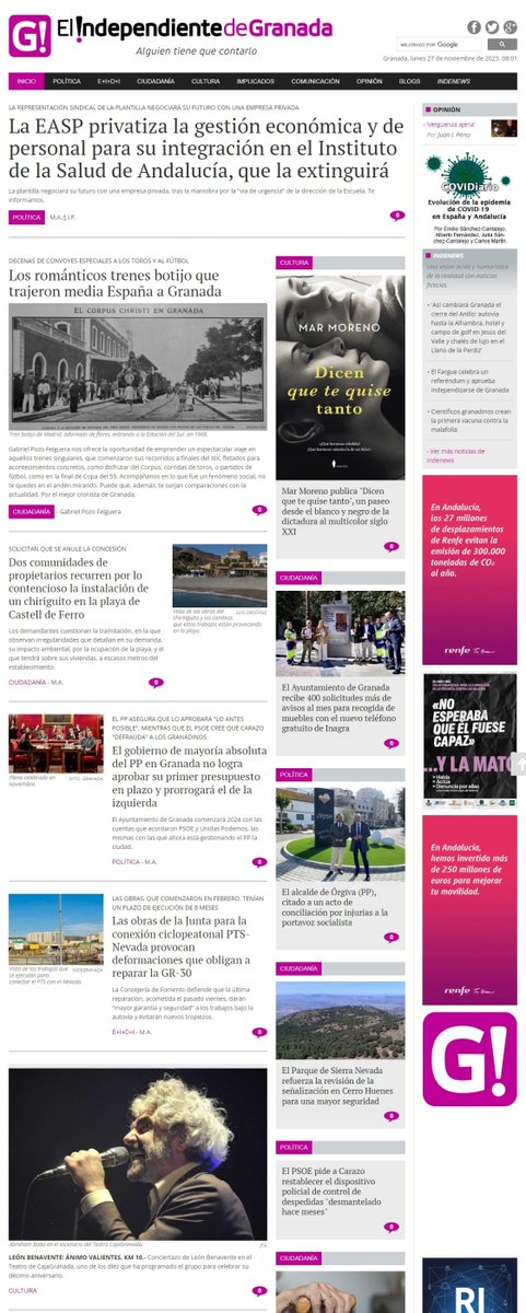 #BuenosDías Con la portada, que desvela la privatización de la gestión económica y de personal de la EASP, comenzamos la jornada informativa. Gracias, lector y lectora, por respaldar un #periodismo que da la cara, crítico y con compromiso. elindependientedegranada.es Buen lunes.