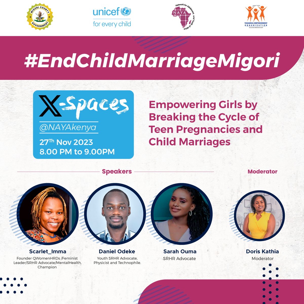 NAYAKenya's tweet photo. Join the conversation today at 8pm, @NAYAKenya. let's explore ways to empower our girls and put an end to teenage pregnancies and child marriages. 

Your voice matters! 
#EndChildMarriageMigori

link to Spaces: 
https://t.co/Jml1OzQPK0 https://t.co/fPWnuxznVT