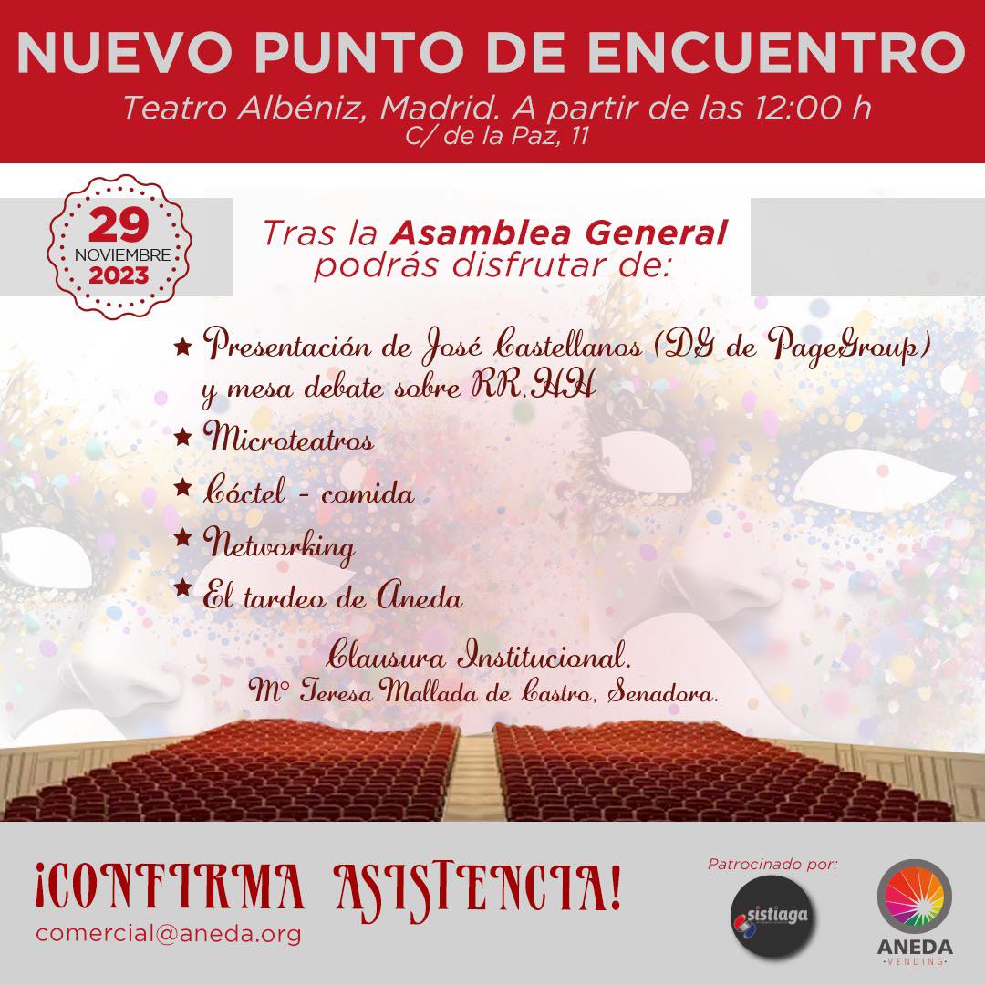 HostelVending's tweet photo. Aneda celebrará supróxima Asamblea General en el Teatro Álbeniz de Madrid
https://t.co/jwSJNE3k48
#DistribuciónAutomática #máquinas #eventos #encuentros #netoworking #Madrid #teatroalbeniz #Aneda #RRHH #vending #microteatro #cóctel #Asamblea #asociaciones https://t.co/pzGKqkjKwc