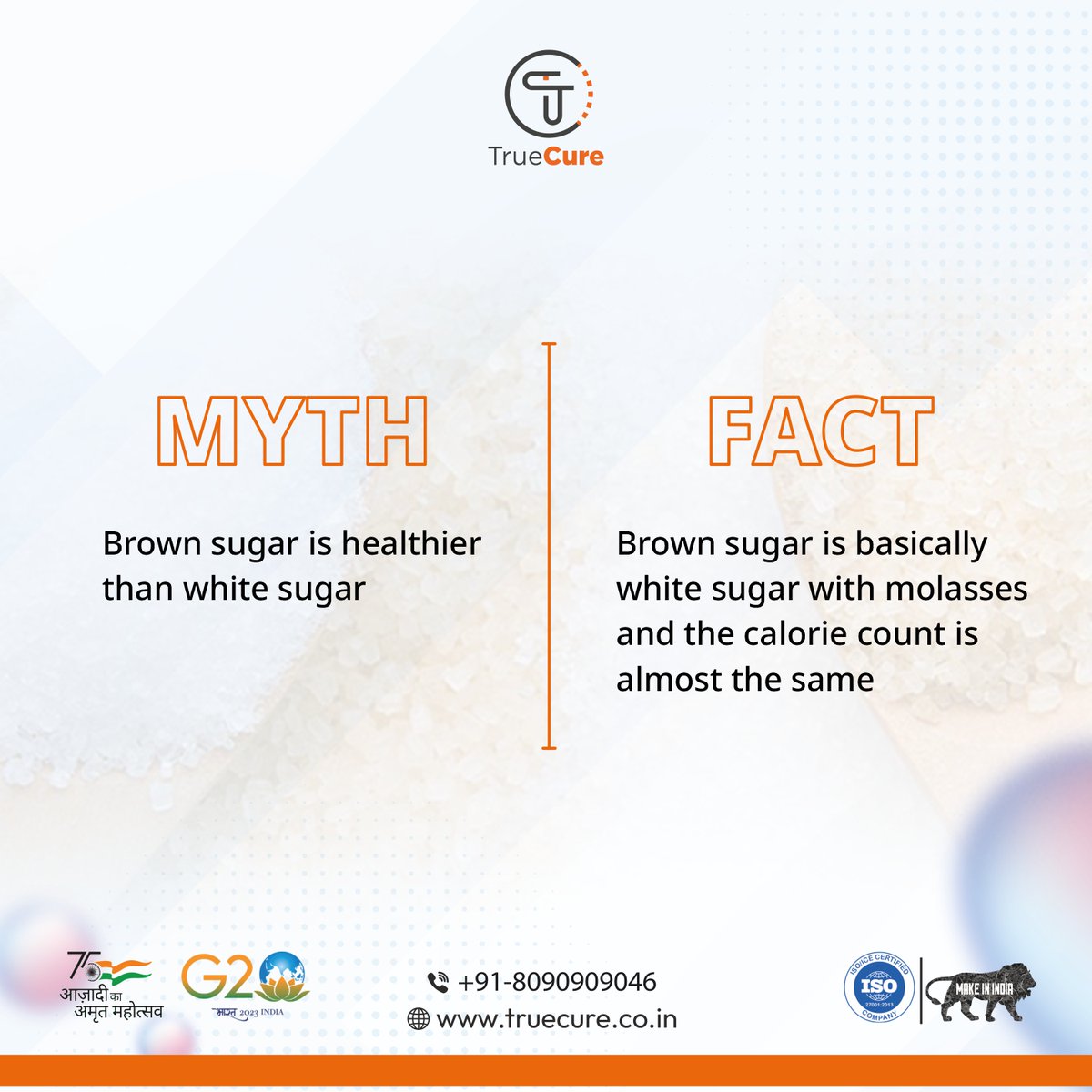 true_cure's tweet photo. 🔍💭Did you know? There's a popular myth about brown sugar being healthier than white sugar! 🤔🤷‍♀️ 

But here's the FACT: Brown sugar is just white sugar with molasses added, and it has almost the same calorie count! 
🍚💥Don't be fooled by this #SweetMyth #SugarFacts #Truecure https://t.co/vGJ4j9pmEq
