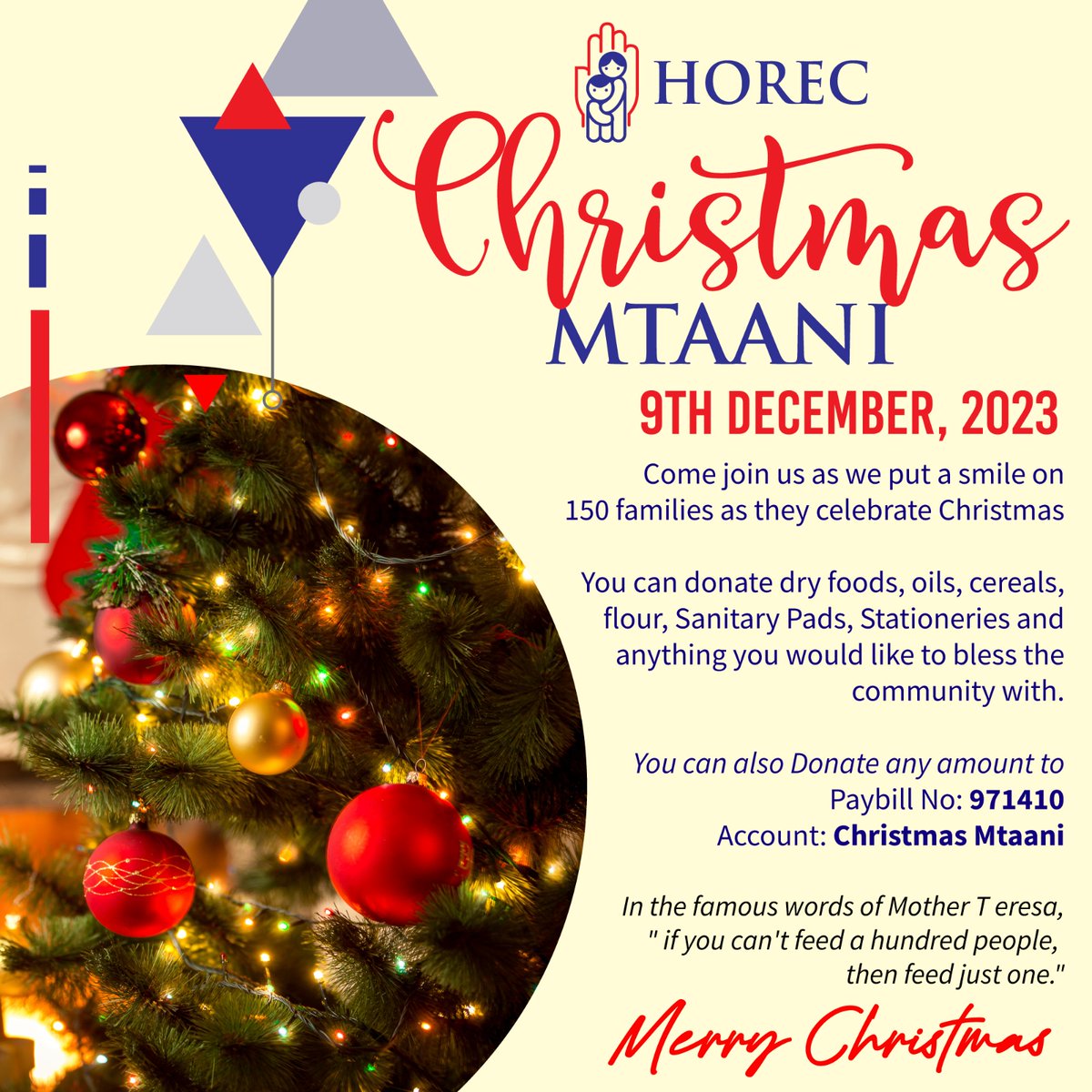 HOREC_Kenya's tweet photo. First, we would like to thank the people who have supported our call for the #ChristmasMtaani. 
We look forward to ensuring 150 families have a reason to smile during the festive season. 
So far we have 28 packages and need another 122 to ensure we reach our target. https://t.co/7545r1wWOh