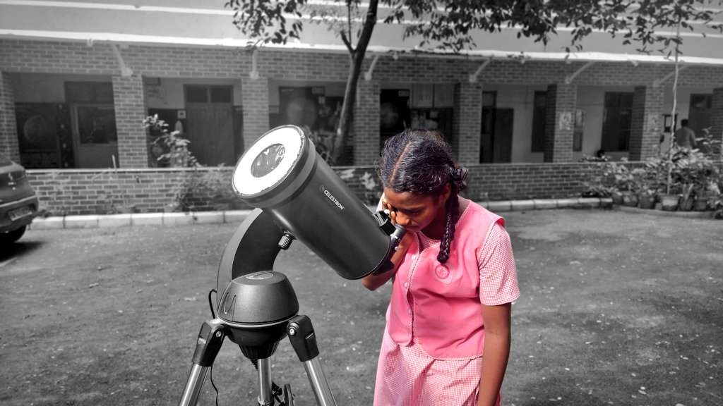 A young girl, filled with curiosity, gazes at the star she revolves around. A moment captured in the ongoing education project focused on solar observations. Visit the #Chennai Girls Higher Secondary School in Nungambakkam to witness more. #ChennaiCorporation | #TheChennaiSchool