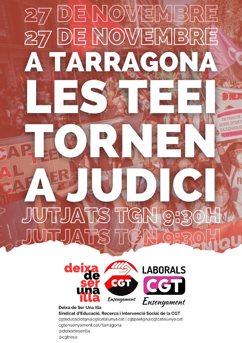 Deixadeserilla's tweet photo. ⚠️👇🏽 Avui d
2 tècniques especialistes en educació infantil (TEEI) afiliades a CGT tornen a judici pel maltractament i mala gestió del Departament d'Educació amb les indemnitzacions pels acomiadaments del procés d'estabilització
📢 Roda de premsa
📍 Jutjats de Tarragona
🕣 9:30h https://t.co/xLm0InJngQ