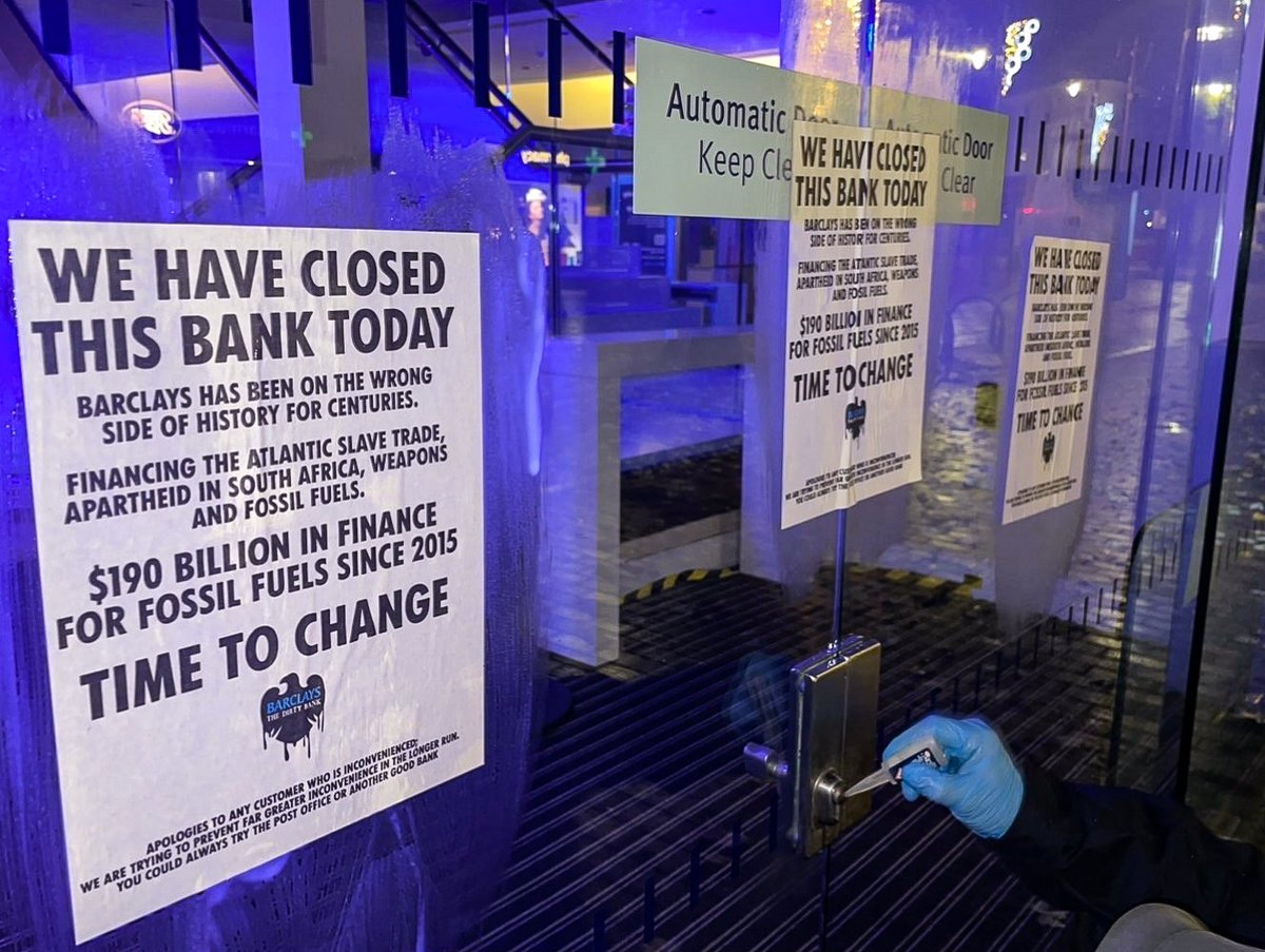 XRebellionUK's tweet photo. 💥BREAKING: @BarclaysUK TARGETED IN MASS GLUE PROTEST

Activists from @money_rebellion &amp; allies took bold action, gluing doors shut at around 50 UK branches to hold the biggest #fossilfuel financier in Europe accountable for its climate-wrecking crimes.
#ClimateCriminals https://t.co/DgBYRaPjv6