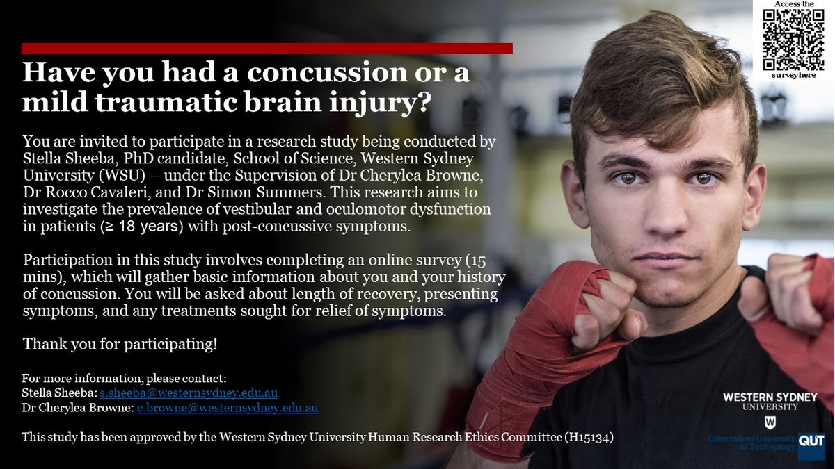 Stella_paramed (@stella_paramed) on Twitter photo You are invited to participate in an online research study on concussion. Participation involves completing an online survey. Please tag or share to anyone who might be interested in taking part in this study. Thank you for participating!
Survey link:
surveyswesternsydney.au1.qualtrics.com/jfe/form/SV_71… You are invited to participate in an online research study on concussion. Participation involves completing an online survey. Please tag or share to anyone who might be interested in taking part in this study. Thank you for participating!
Survey link:
surveyswesternsydney.au1.qualtrics.com/jfe/form/SV_71…