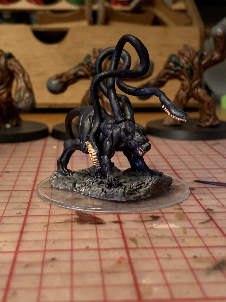 //Getting back into miniature painting with an Efreeti and Displacer Beast.

Definitely going back and touching up the Efreeti. The wash is making it difficult to see his nipples 😭