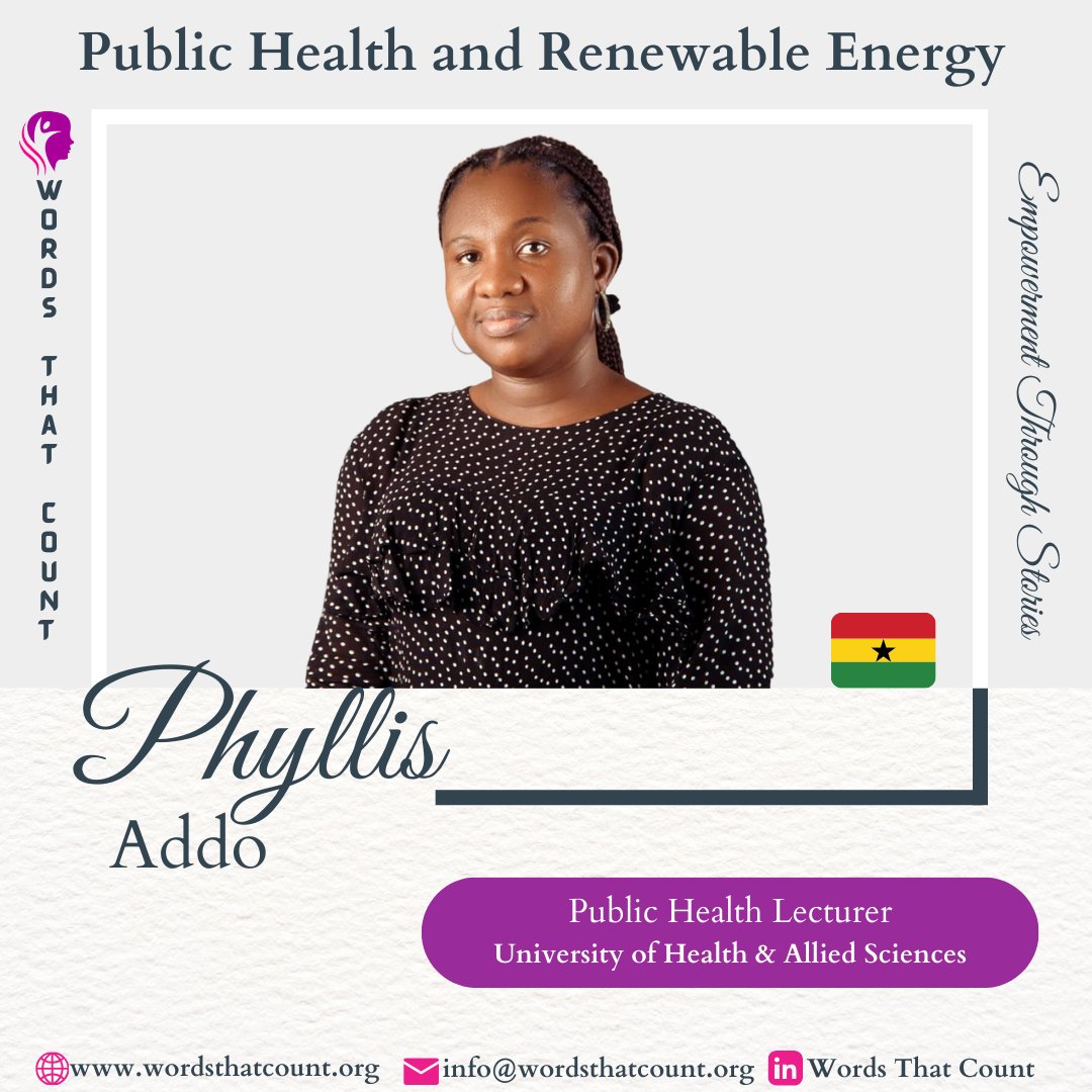 WordsAfrica's tweet photo. Meet Phyllis Addo, a trailblazer with skills in #publichealth to address issues affecting Ghana's #marginalized population. Through her innovative approaches, she intersects public health and #renewableenergy for positive change in Africa; 

https://t.co/XTluKjLaZg

#WomenInSTEM https://t.co/UlEVWaC5SZ