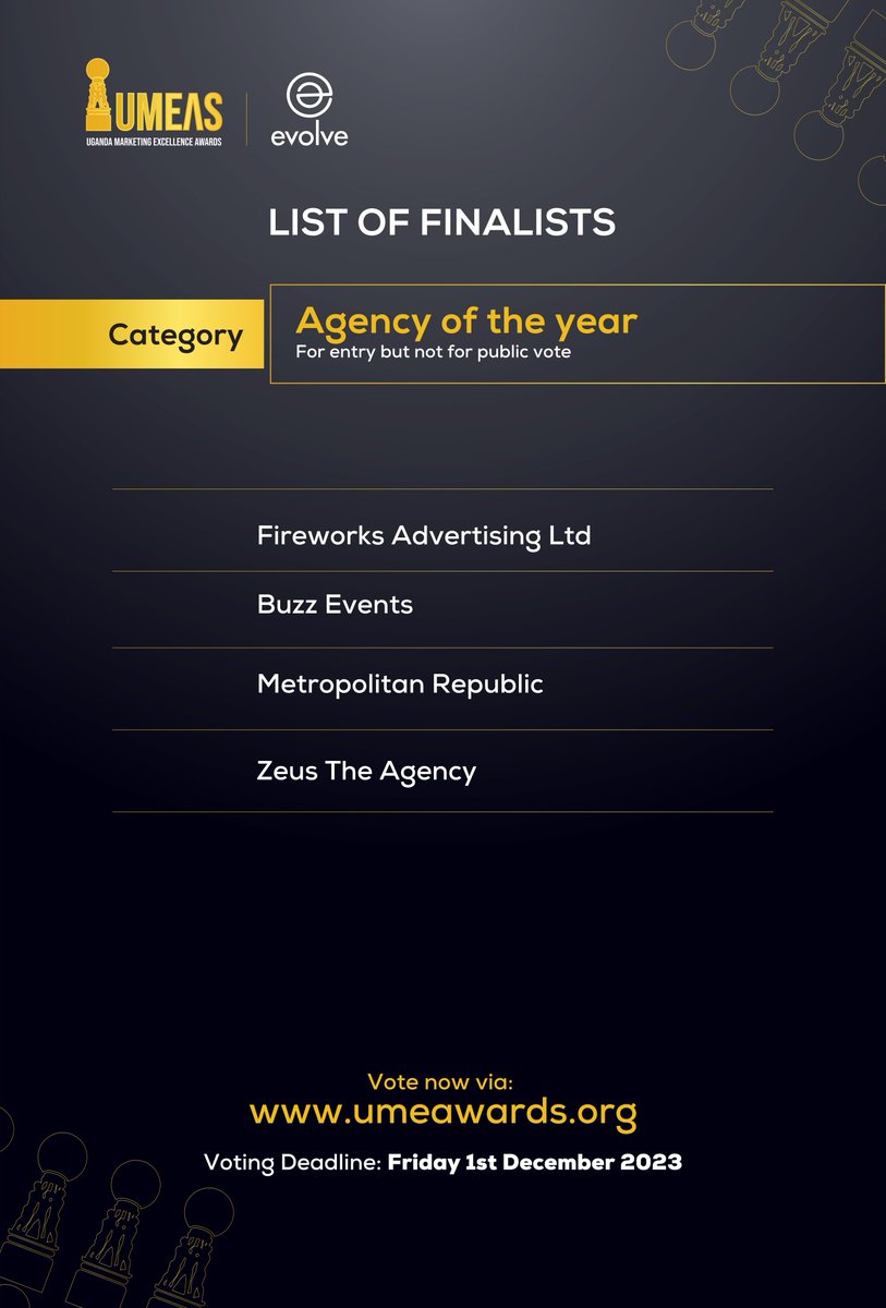 collincanpara1's tweet photo. Here are the categories.
1. Best use of Digital Marketing
2. Advertising campaign of the year
3. Best Use of partnership marketing
4. PR campaign of the year 
5. Best innovation-new product/service/process
6. Experiential marketing Campaign of the year
#UMEAs https://t.co/0k1os0TGFg