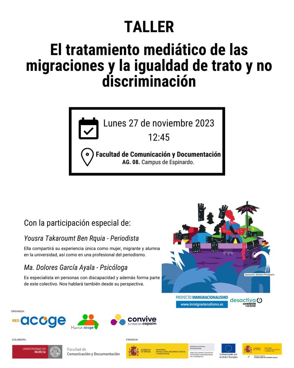 Nuestra compañera ⁦<a href="/YusraTk/">Yusra TK</a>⁩ estará hoy a las 12.45 en ⁦<a href="/fcdmurcia/">UMU Comunicación y Documentación</a>⁩ hablando del “tratamiento mediático de las migraciones” con ⁦<a href="/MurciaAcogeOng/">Asociación Murcia Acoge 🫂</a>⁩ y ⁦<a href="/FundacionCepaim/">CONVIVE Fundación Cepaim</a>⁩