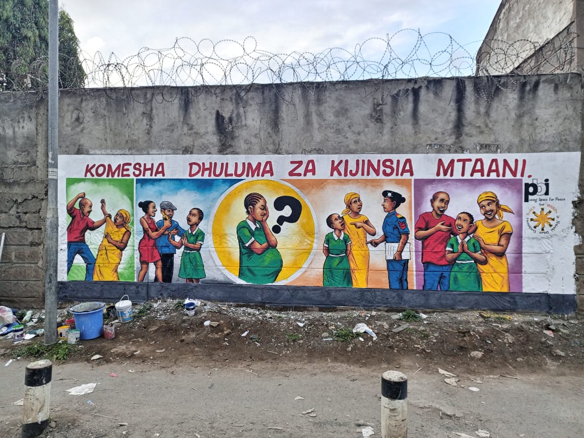 Mukuru community Justice Center @mukuru_cjc gender desk officer @rukiagodanas participates in drawing a powerful mural in Mukuru advocating against GBV We use art as a medium to raise awareness & promote change. These community advocacy actions are in collaboration with @pbikenya