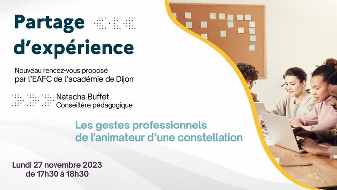 ⚠️ Aujourd'hui, lundi 27 novembre à 17h30.
➡️ Lancement de "Partage d'expérience", un dispositif de formation de l'<a href="/EAFC_Dijon/">EAFC Dijon</a> 
👉 L'animation de constellation, par Natacha Buffet.
🔗 visio-agents.education.fr/meeting/signin…
<a href="/AcademieDijon/">Académie de Dijon</a> 
#formation #développementprofessionnel #constellation