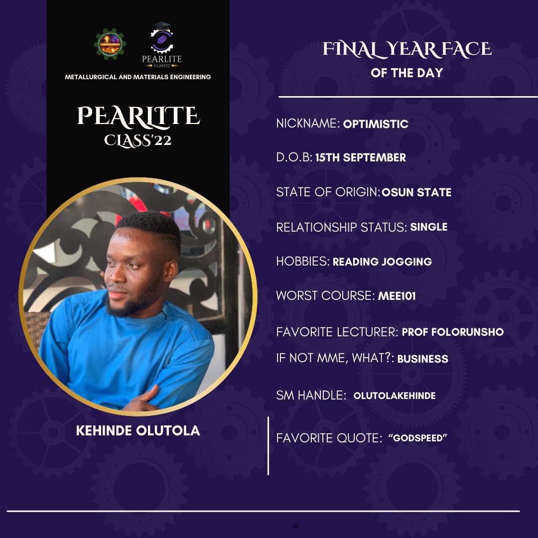 mmeclass_22's tweet photo. OLUTOLA KEHINDE๐ ,
An enthusiast of the financial market ,a financial preneur ,A strong believer of God , loves encouraging others and a sucker for good movies.
#ThePearliteoftheday #ClassOf2022 #GraduationPride" #MME22 https://t.co/3Veif0yBlr