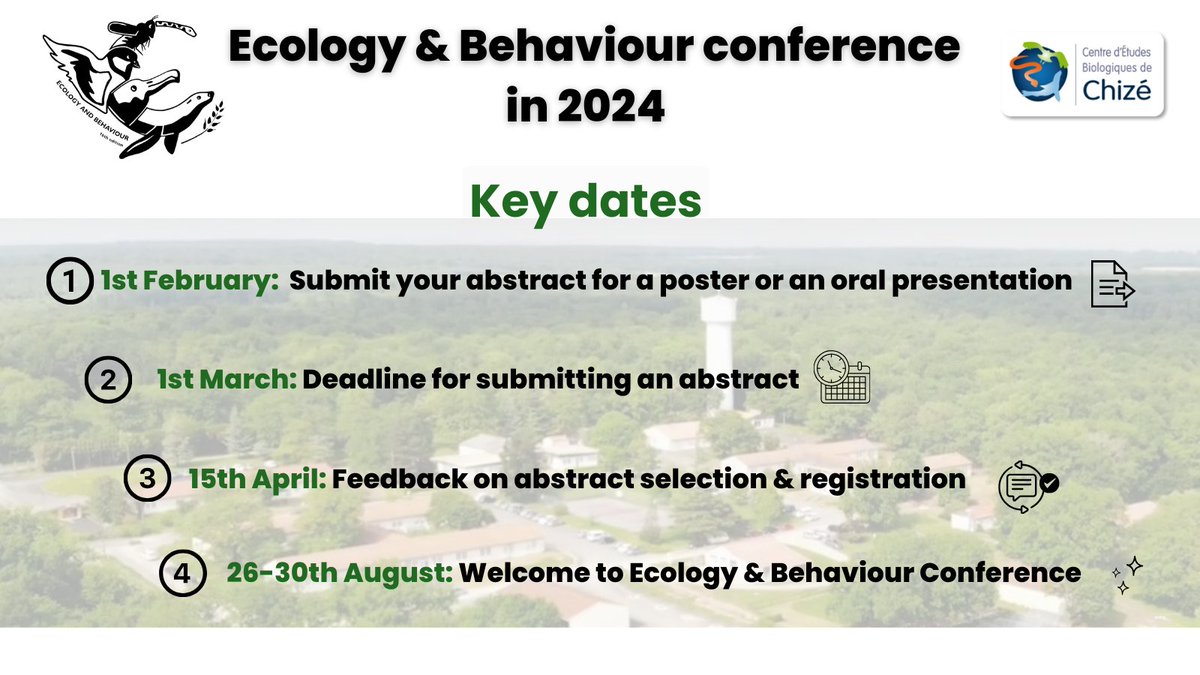 Ecology & Behaviour 2025 (@ecobhvr2025) on Twitter photo Good news!! Abstract submission to Ecology & Behaviour 2024 will open the 1st of Feb and will remain open for one month.
If you haven't already, sign in : listes.services.cnrs.fr/wws/subscribe/…
Send us your question at eco.bhvr.orga@services.cnrs.fr✉️
#ecobhvr2024 Good news!! Abstract submission to Ecology & Behaviour 2024 will open the 1st of Feb and will remain open for one month.
If you haven't already, sign in : listes.services.cnrs.fr/wws/subscribe/…
Send us your question at eco.bhvr.orga@services.cnrs.fr✉️
#ecobhvr2024