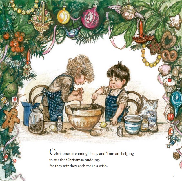 This week we will be looking at illustrations from Lucy and Tom at Christmas starting with them stirring the enormous Christmas pudding mixture.