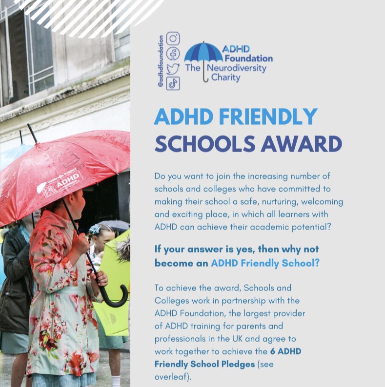NeurodiversityT's tweet photo. What is an ADHD Friendly School? How can education professionals enable children to become successful lifelong learners, achieve academically, become responsible active citizens & realise their creative, entrepreneurial & human potential? info https://t.co/oNrINutTPU https://t.co/nKao1LxdU5