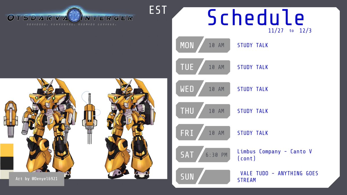 OtsdarvaInteger's tweet photo. Schedule for this week! As usual, more studying... Sunday is a stream anything day, so it could be anything.
Tags:
LIVE: #IntegerLive
Art: #IntegerArt ๐จ
Meme: #IntegerMeme ๐
Clips: #IntegerClip ๐
R-18: #hOTS4U ๐
Lore Story: #Delphinium_Ch๐ https://t.co/nLO1e09p6F