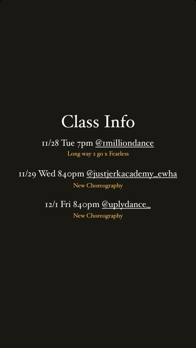 baekmani_world's tweet photo. [🐱.🗓] 20231127 Class Info

📍1 Million Dance Studio
🎵 Long Way 2 Go - Cassie × Fearless - LE SSERAFIM
🗓 2023.11.28

📍Just Jerk Academy Ewha
🗓 2023.11.29

📍Urban Play Dance Studio
🗓 2023.12.01

#V1LLION #1MILLION #1million_v1llion #YECHAN #빌리언 #원밀리언 #예찬 https://t.co/KB8mWxjKAQ